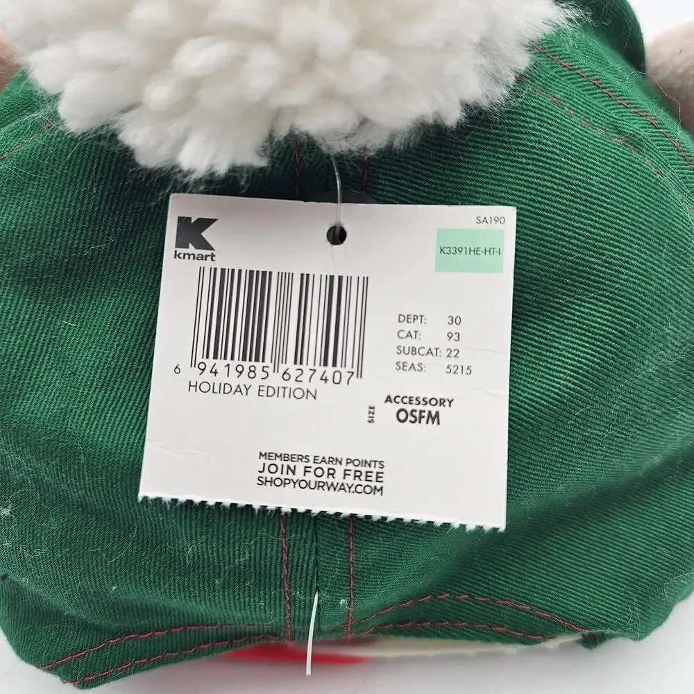 Christmas Elf Merry Hat Cap Snap Back One Size Green‎ Red Pom Pom Ears Glitter